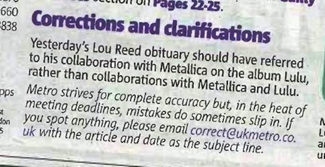 clarification Correction: Lou Reeds Collaboration With Metallica And Lulu 