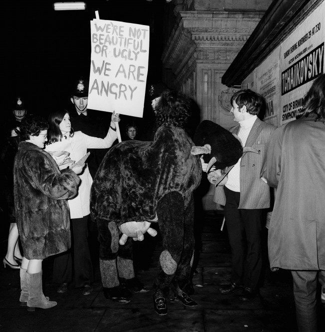 A demonstration by young Liberals against the Miss World contest outside the Royal Albert Hall where the event is being held. 1970.
