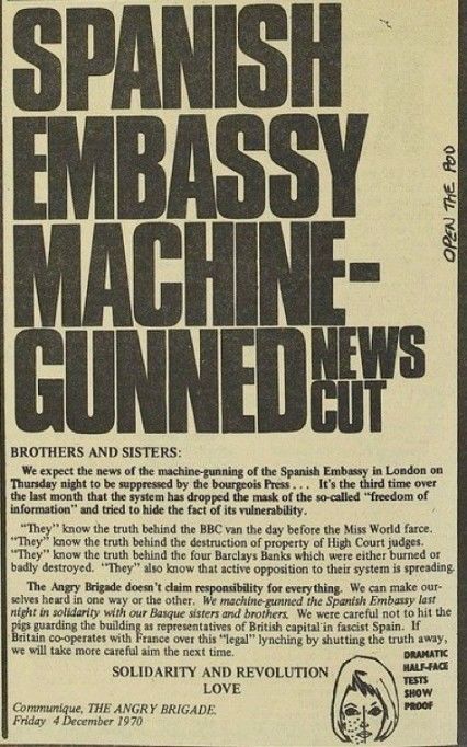 The Angry Brigade Communique published in the International Times, December 1970