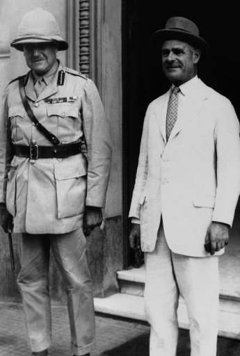 General Sir Archibald Wavell, the former commander of the British troops in Palestine, arrived in Cairo, Egypt on August 2 to take command in his newly-created post of commander of the British troops in the Middle East. General Sir Archibald Wavell, right, with General Sir Henry Maitland Wilson, the commander of the British troops in Egypt, on his arrival at headquarters in Cairo on August 2, 1939. (AP Photo)