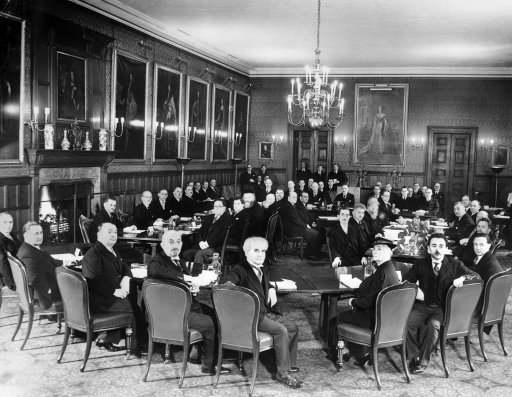 The Prime Minister opened the conference on the future of Palestine in the old Banqueting hall at St. James’s Palace in London on Feb. 7, 1939. Mr. Chamberlain opened the discussions with a speech to the Arab delegations at 10.30 A.M., and at midday, he made the opening speech to the Jewish agency delegation, this course being necessary because the Arabs not recognize the Jewish Agency as a body with whom they can treat. A general view of the first meeting of the Jewish of the conference at St. James’s.