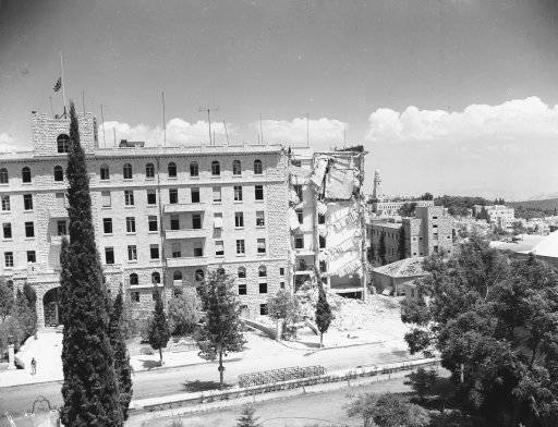 A view of the King David Hotel in Israel after the dust has cleared, Aug. 6, 1946. Sappers had set a demolition charge to break up the cement flooring in preparation to cutting steel reinforcements and pulling down the bomb damaged end of the building. 