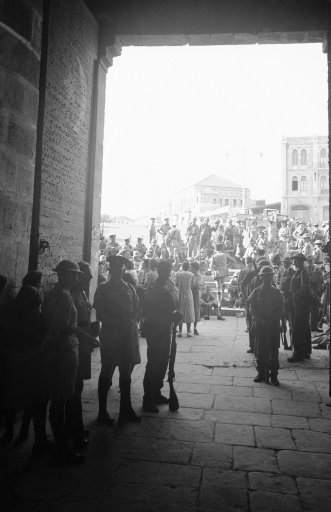 British soldiers in steel helmets after they recaptured the Old City of Jerusalem at the Damascus Gate, November 1938. 