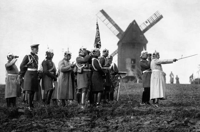 Kaiser Wilhelm II (right) and high-ranking German Army officers observe German Army maneuvers from beside a windmill before the outbreak of the First World War.