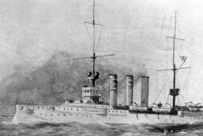An illustration of the SMS Dresden, which was a German Imperial Navy light cruiser of the Dresden class.