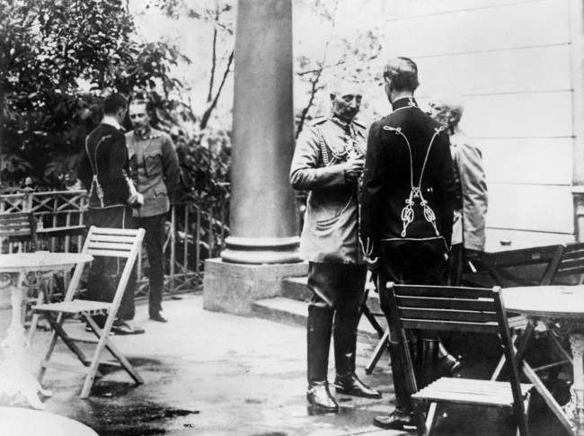 At the Austrian Headquarters, Kaiser Wilhelm II talks to the Archduke Frederick of Austria, who is celebrating his 59th birthday.