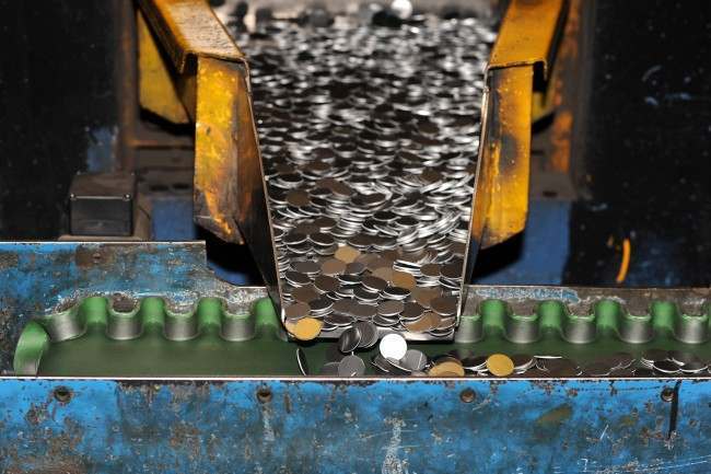 Nickel-plated steel blanks come off the production line ready to be pressed in 10p pieces