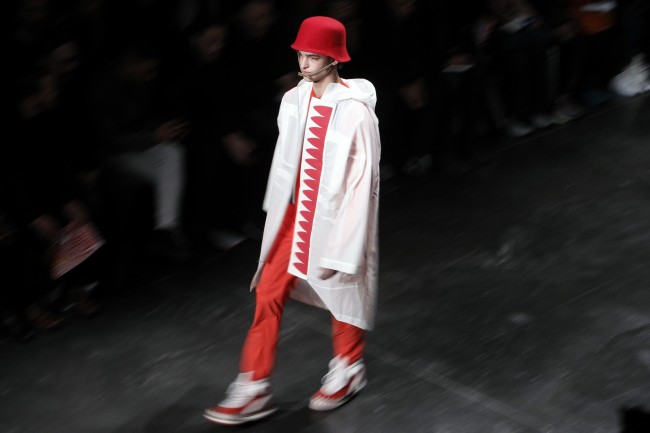 A model wears a creation by Dutch fashion designer Walter Van Beirendonck during his men's fall-winter 2014-2015 fashion collection presented in Paris, Wednesday, Jan.15, 2014. (AP Photo/Thibault Camus)