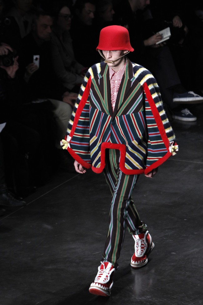 A model wears a creation by Dutch fashion designer Walter Van Beirendonck during his men's fall-winter 2014-2015 fashion collection presented in Paris, Wednesday, Jan.15, 2014. (AP Photo/Thibault Camus)