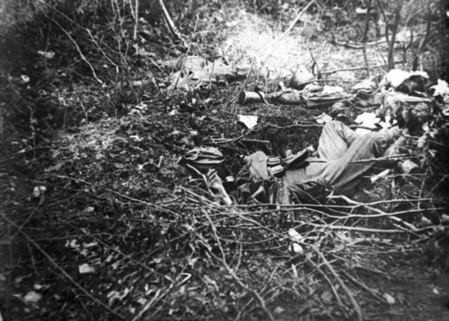 WWI, Belleau Wood showing dead German soldiers in France .