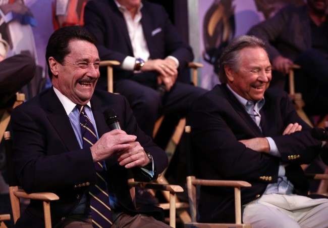 Peter Cullen, actor and the voice of Optimus Prime, left, and Frank Welker, actor and the voice of Megatron, speak at The Hub's "Transformers Prime Beast Hunters" World Premiere Screening Event on Thursday, March 14, 2013 in Universal City, Calf.