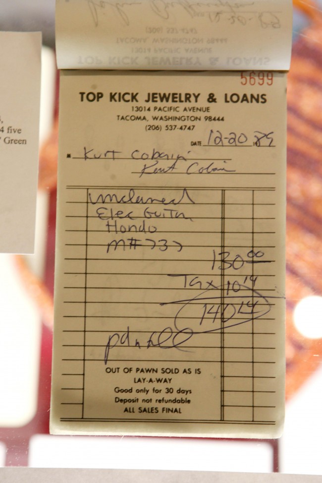 A receipt from a pawn shop signed by Kurt Cobain on display at the Clarence Hotel in Dublin