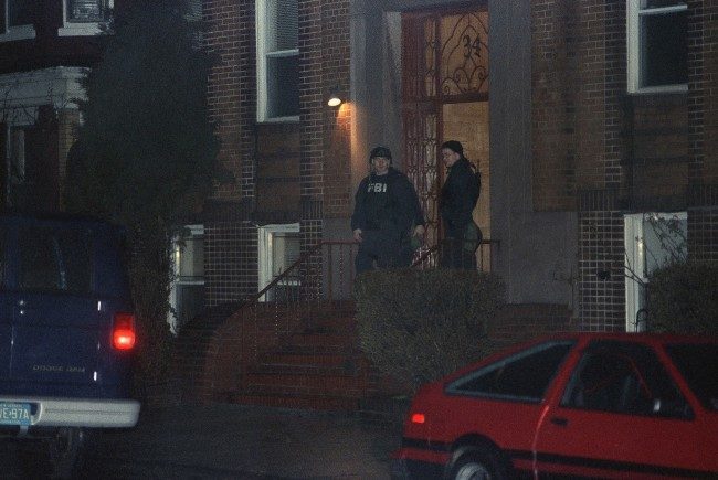 FBI agents remove evidence, March 10, 1993 in Maplewood, New .Jersey, home of Nidal Ayyad after the morning arrest of Ayyade in connection with the bombing of the World Trade Center.
