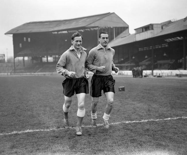 Soccer - International Friendly - England v Spain - England Practice Session - Bridge Tom Finney, left, with Nat Lofthouse at Stamford Bridge during an England training session. Date: 28/11/1955