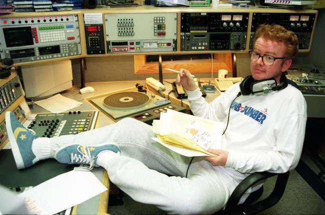 Radio One DJ Chris Evans in the studio of BBC RAdio One sherer he started his first day of hosting the "Breakfast Show". * 21/9/95 He was named most stylish man of the year. * 22/12/1995 Returned to the airwaves after failing to turn up yesterday for his early-morning show. Officially absent due to a throat infection, a festive meal on Wednesday with his production team had developed into a bit of a session which ended with Evans incapable of presenting Radio One's flagship show. He now faces a carpeting from BBC chiefs, but today he merely joked the whole event off.