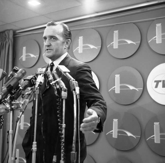 Arthur Hanes attorney for James Earl Ray, holds a press conference on his arrival at Kennedy International airport in New York city on July 19, 1968. Hanes told newsmen he would not seek to have the trial moved from Memphis, Tenn. Hanes was denied a seat on the military jet which brought Ray from London before dawn and arrived at Kennedy airport aboard a commercial jet liner. 