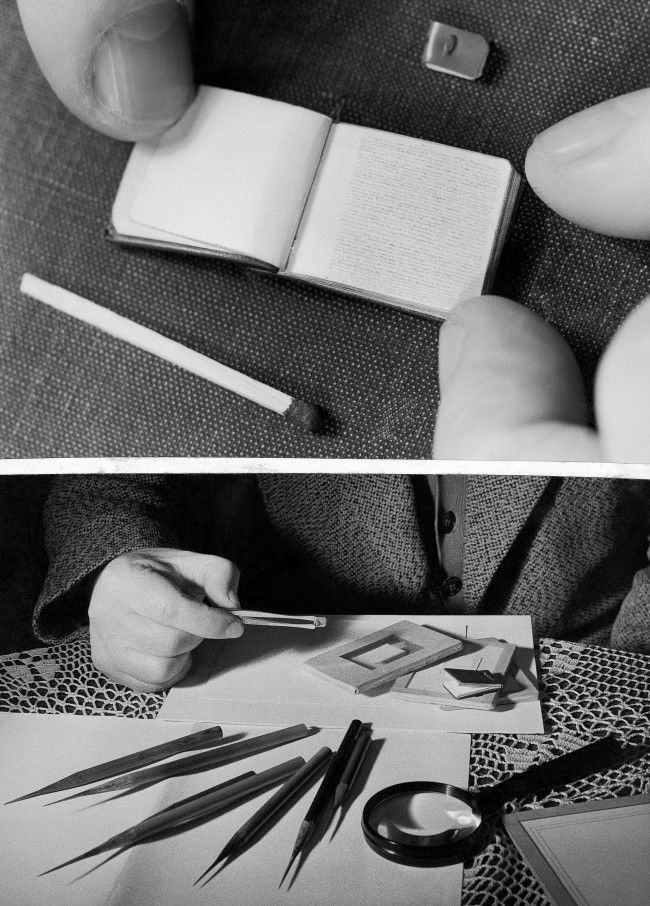 Miniature books, one so small it has to be picked up with tweezers, are the specialty of Lajos Ehmann of Mohacs, Hungary shown March 30, 1962. He uses especially sharpened pencils to write them. Top: One of his tiny books, lying open, looks big by comparison with the smallest one Ehmann has made, above it. The open book contains the play ÂThe Tragedy of Man.Â The smallest book contains the whole of a speech Nikita Khrushchev made in Budapest four years ago. Bottom: Ehmann holds the smallest book in tweezers, alongside some of his other books. On the table are especially sharpened pencils. The smallest book is 5 millimeters (about one half inch) wide. Location unknown. 