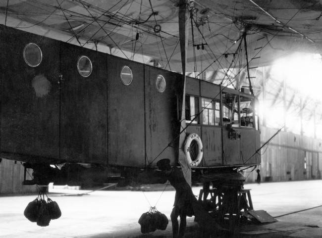 The loaded bomb rack of a large Coastal Airship used for bombing U-Boats. Date: 01/01/1919 