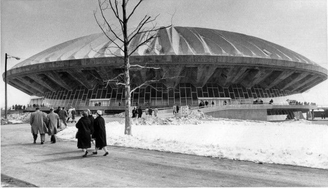 The first of many thousands of visitors approach the giant new University of Illinois Assembly Hall during open house, March 2, 1963. During the first hour and a half, the visitor count was 11, 408 with many more pouring in. 