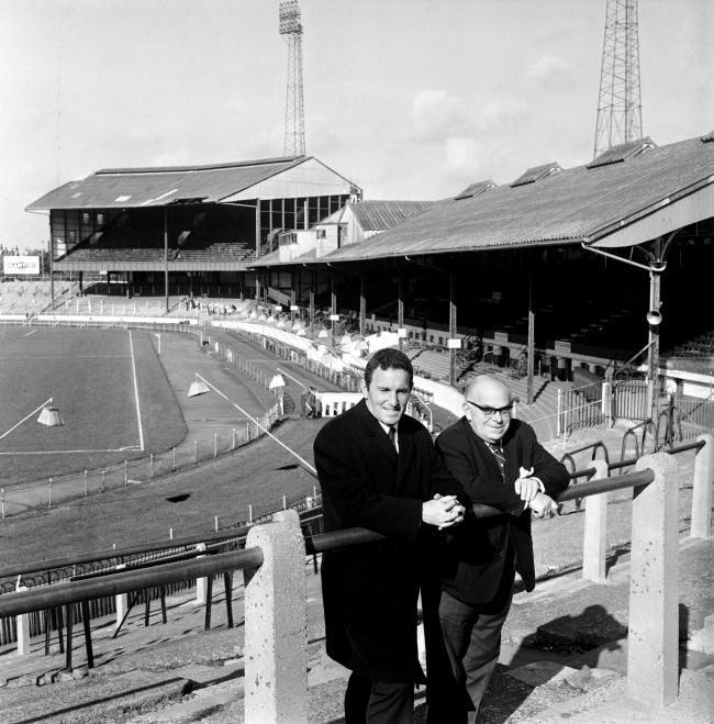 PA. 404786 Soccer - Football League Division One - Chelsea (L-R) New Chelsea manager Dave Sexton stands on the Stamford Bridge terraces with Chairman Charles Pratt NULL Date: 23/10/1967