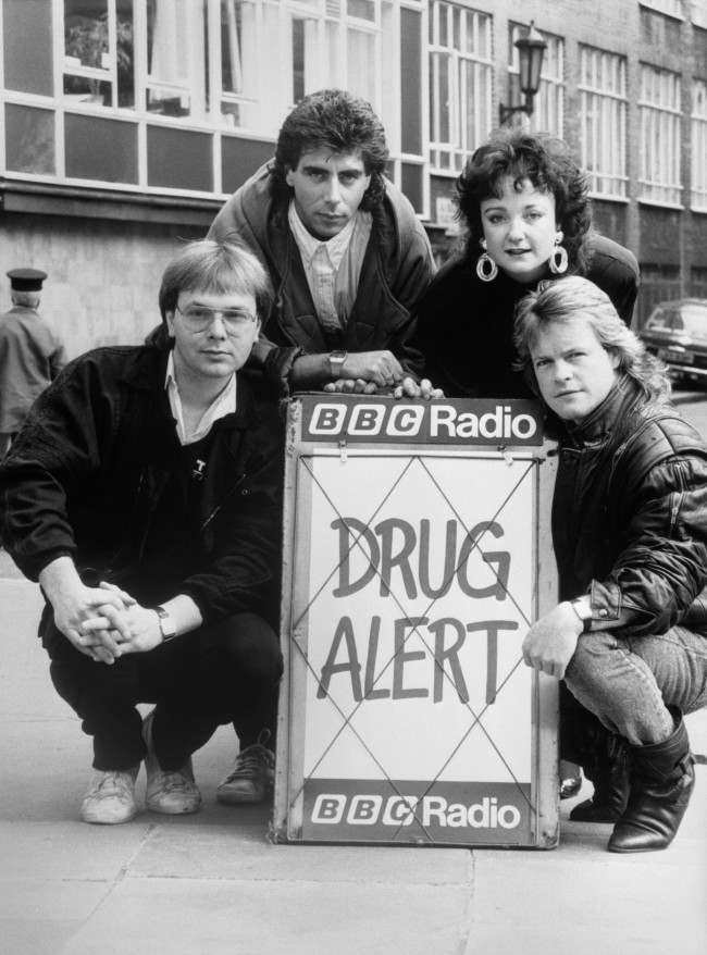 Radio One disc jockeys (left to right) Adrian John, Gary Davies, Janice Long and Bruno Brookes in London today where they helped launch "Drug Alert", a week-long campaign by the station aimed at combating drug abuse in Great Britain. Date: 15/10/1985