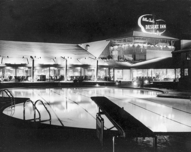 This is a nighttime view of Wilbur Clark's Desert Inn hotel and its outdoor swimming pool in Las Vegas, Nev., on March 26, 1953.
