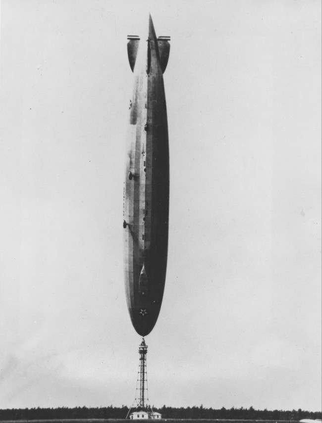 The U.S. Navy's dirigible Los Angeles is shown upside down after a turbulant wind from the Atlantic flipped the 700-foot airship on its nose at Lakehurst, N.J., in 1926. The ship slowly righted itself and there were no serious injuries to the crew of 25. 