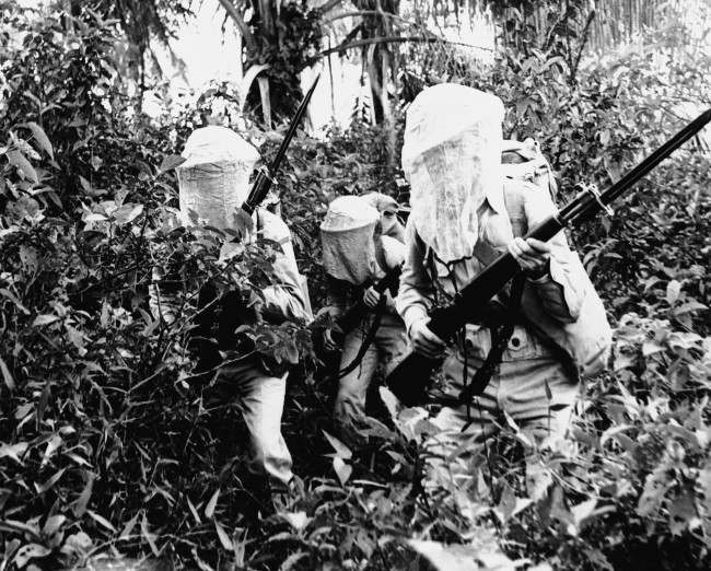 Protected by mosquito nets over their helmets, those United States soldiers stationed in Dutch Guiana are scouting through the jungle oApril 27, 1942.