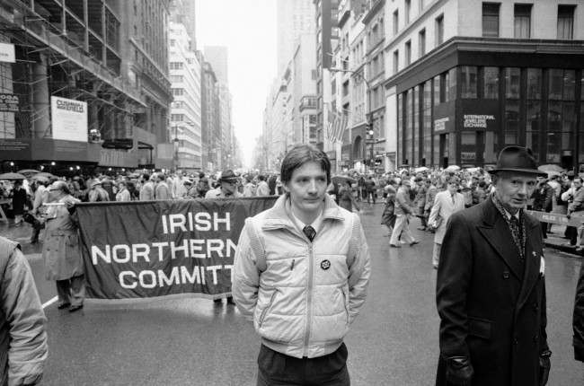 Sean Sands, center, brother of IRA hunger striker Bobby Sands, marching in the New York parade up Fifth Avenue on March 17, 1982 with the contingent from the Irish Northern Aid Committee of New York. The button on his jacket says, ÂEngland Get Out of Ireland.Â (AP Photo/Warren Jorgensen) Ref #: PA.10419417  Date: 17/03/1982
