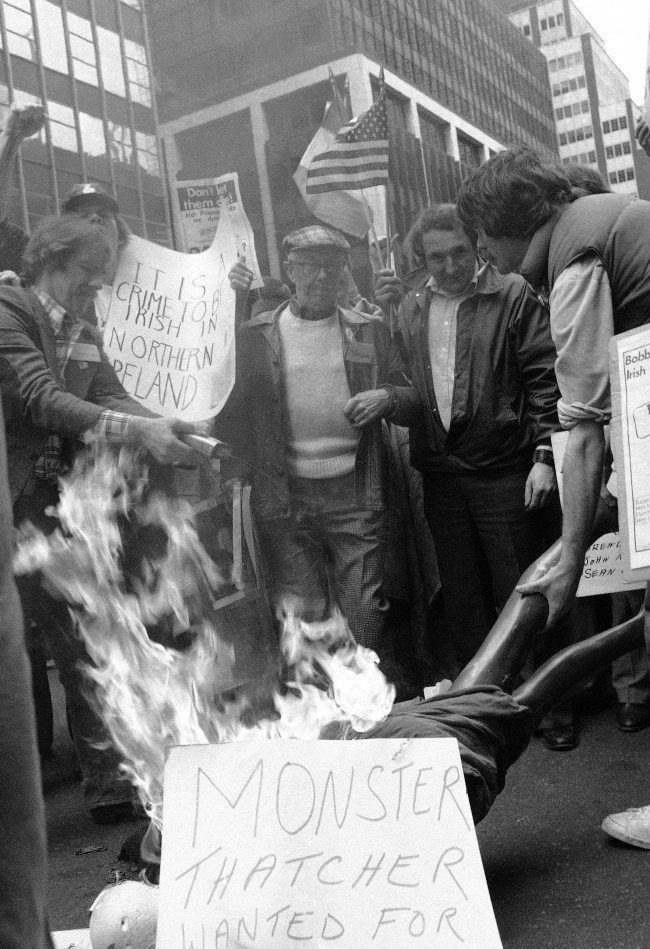 Demonstrators outside the British Consulate to the U.N. in New York on May 2, 1981, burn British Prime Minister Thatcher in effigy using a mannequin during a demonstration in support of hunger striker Bobby Sands, who is reported close to death in Northern IrelandÂs Maze Prison. The demonstration was organized by an organization called Irish Northern. (AP Photo/Kneisel)