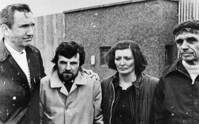 Outside the Maze prison in Belfast on April 24, 1981, Mr. Ramsey Clark, former U.S. attorney general, Mr. Owen Carron, Bobby Sands election agent, Marcells Sands, sister of Sands, and Daniel Benrigan, U.S. civil rights. They escorted the Sands family for a visit to hunger striker Bobby Sands. Ramsey Clark has been refused permission to see Sands. (AP Photo/Peter Kemp)
