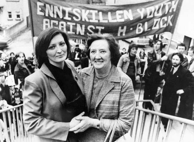 Mrs. Rosaleen Sands, right, mother of the successful hunger-striker Bobby Sands after the result in Enniskillen on April 10, 1981. The woman at left is Marcella, sister of elected hunger-striker Bobby Sands, after court gave the IRA man victory in Enniskillen on Friday. (AP Photo)