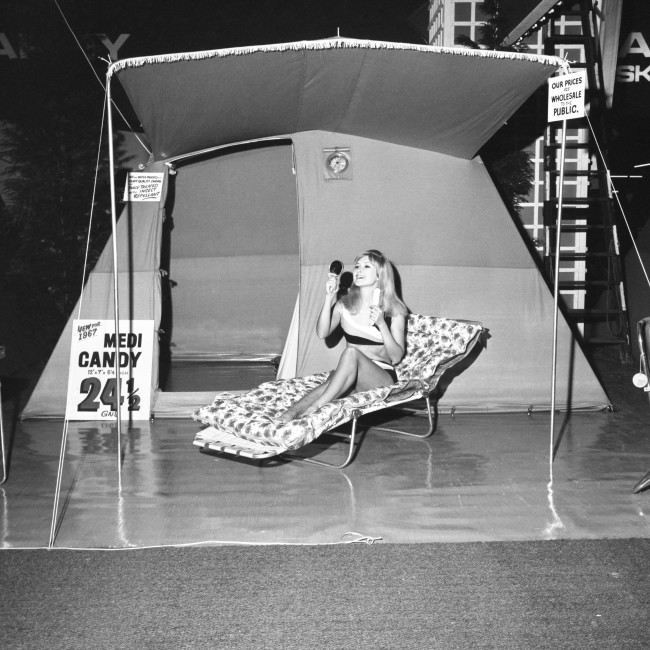 Rosemary Donnelly, 21, of Plymouth, inside a new 1967 Medi Candy luxury tent, with a selling price below comparable products from Europe, during the 9th Camping and Outdoor Life Exhibition at Olympia, London. The tent, which can be easily packed into a car boot, has a porch and includes an air-operated fan ventilator. Archive-pa126426-2 Ref #: PA.16532052  Date: 03/02/1967 