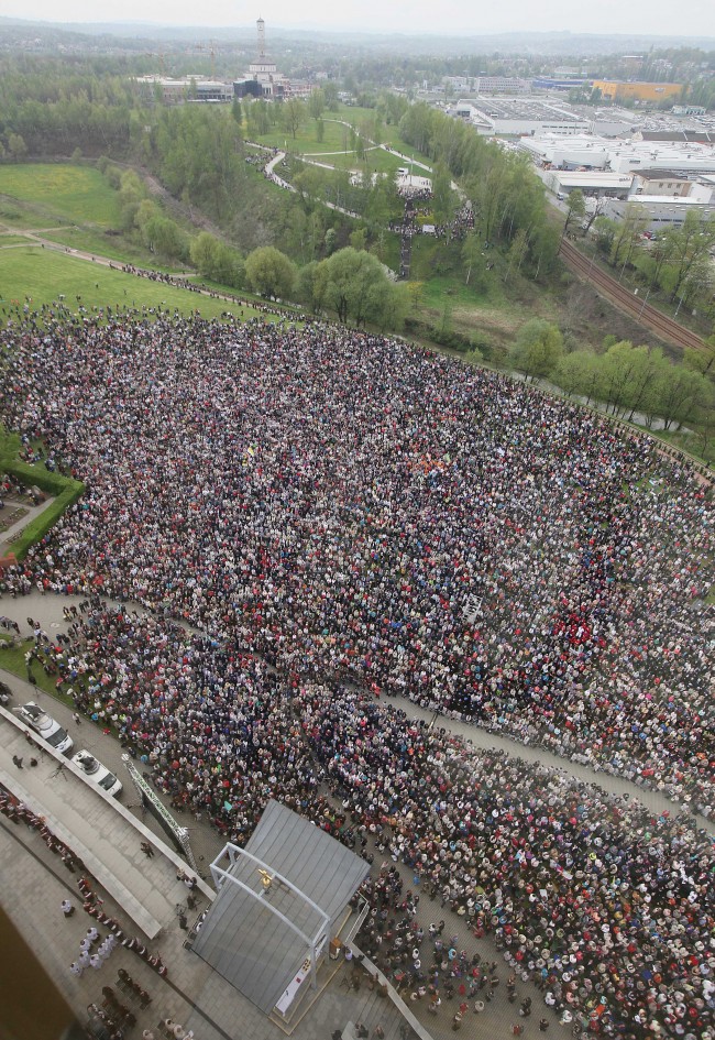 Thousands of people gather in front of GodÂs Mercy sanctuary in Krakow, Poland