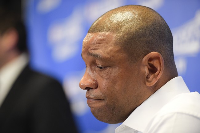 Los Angeles Clippers head coach Doc Rivers speaks during a news conference before Game 5 of an opening-round NBA basketball playoff series on Tuesday, April 29, 2014, in Los Angeles. NBA Commissioner Adam Silver announced Tuesday that Los Angeles Clippers owner Donald Sterling has been banned for life by the league, in response to racist comments the league says he made in a recorded conversation.