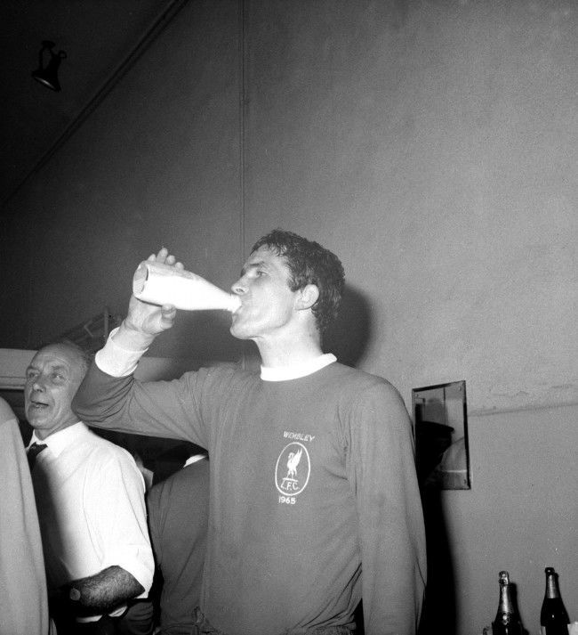 Liverpool captain Ron Yeats celebrated with a pint of milk 