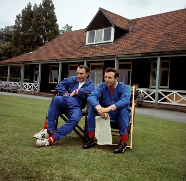 England's Jimmy Greaves and Jimmy Armfield take it easy during a training session at Roehampton Ref #: PA.2219403  Date: 15/07/1966 