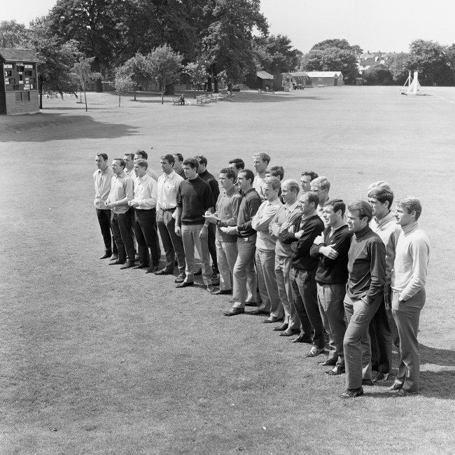 The England squad are all ears as they gather at Roehampton to prepare for the following day's World Cup Final: (l-r) Jimmy Greaves, Nobby Stiles, trainer Les Cocker, trainer Harold Shepherdson, Alan Ball, Geoff Hurst, George Cohen, Peter Bonetti, Ron Springett, Terry Paine, Gordon Banks, Gerry Byrne, Jack Charlton, Martin Peters, George Eastham, Bobby Charlton, Jimmy Armfield, Ray Wilson, Ron Flowers, Ian Callaghan, John Connelly, Bobby Moore, Norman Hunter, Roger Hunt Ref #: PA.2558683  Date: 29/07/1966 