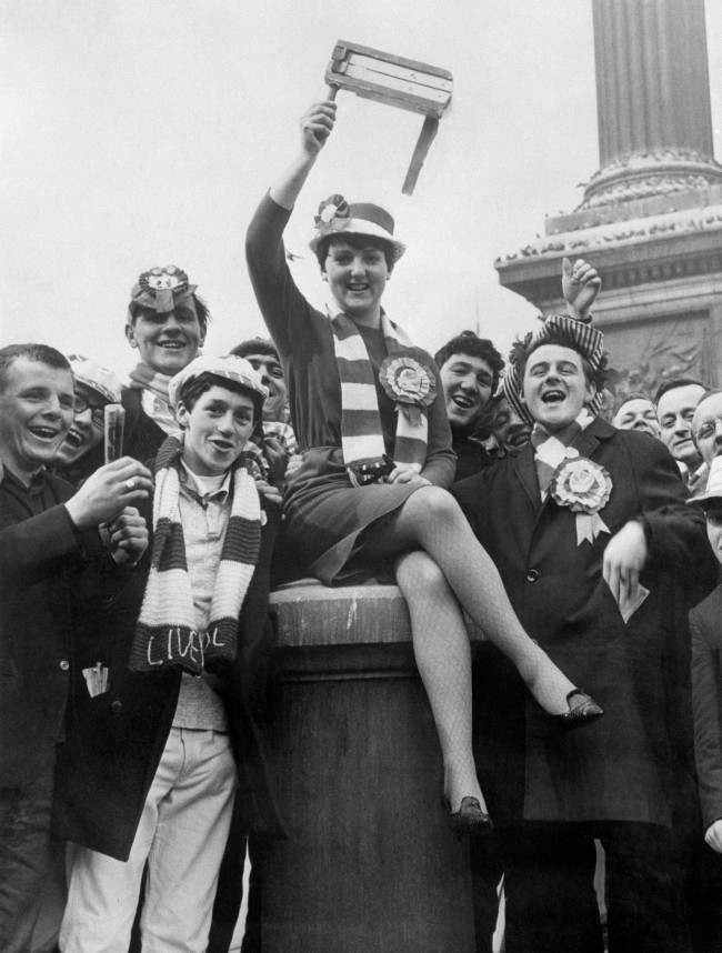 Christine Rice, 18, leads Liverpool supporters in pre-Wembley jubilation in Trafalgar Square, London.