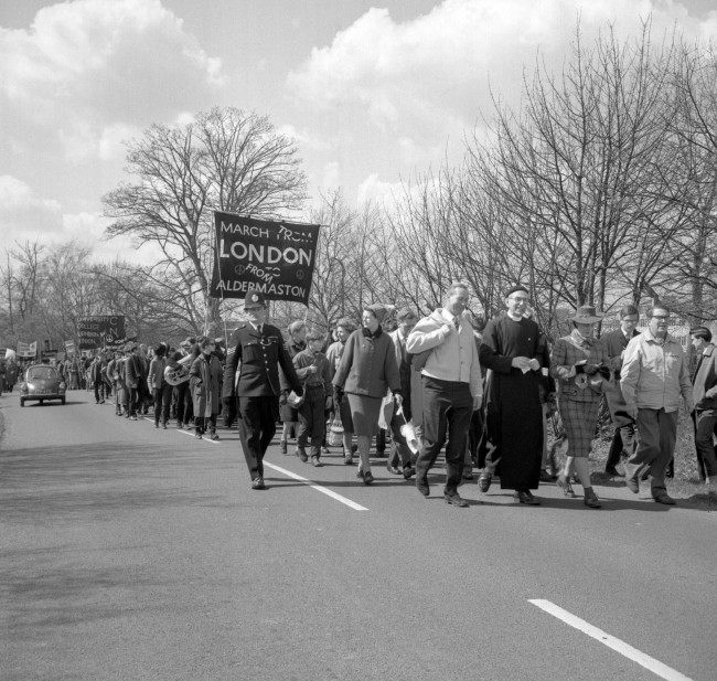 Left to right, Anthony Greenwood, Labour MP for Rossdale; Canon John Collins, the CND's chairman; Jacquetta Hawkes, wife of author J.B Priestley and Professor R. Calder, the science journalist, during the march. Ref #: PA.8520259  Date: 15/04/1963