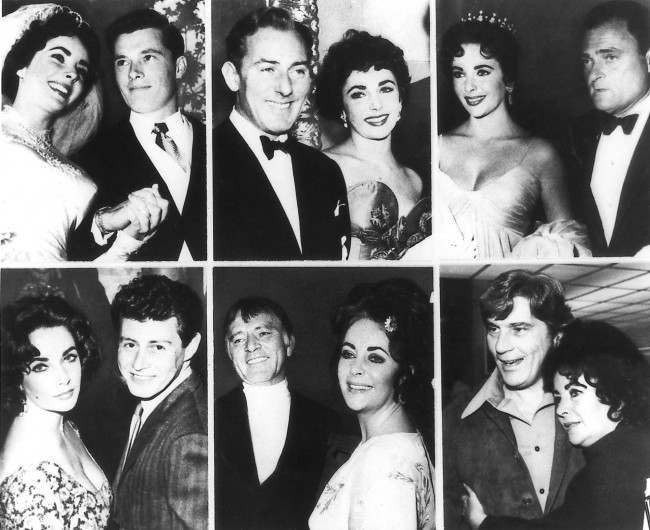 Actress Elizabeth Taylor, who turns 50 Saturday, Febr. 27, 1982, is shown through the years with her six husbands. Top row, from left: Conrad Hilton Jr. in 1950; actor Michael Wilding in 1951; producer Mike Todd in 1957; Bottom row, from left: singer Eddie Fisher in 1959; actor Richard Burton in 1972 and John Warner in 1976. 