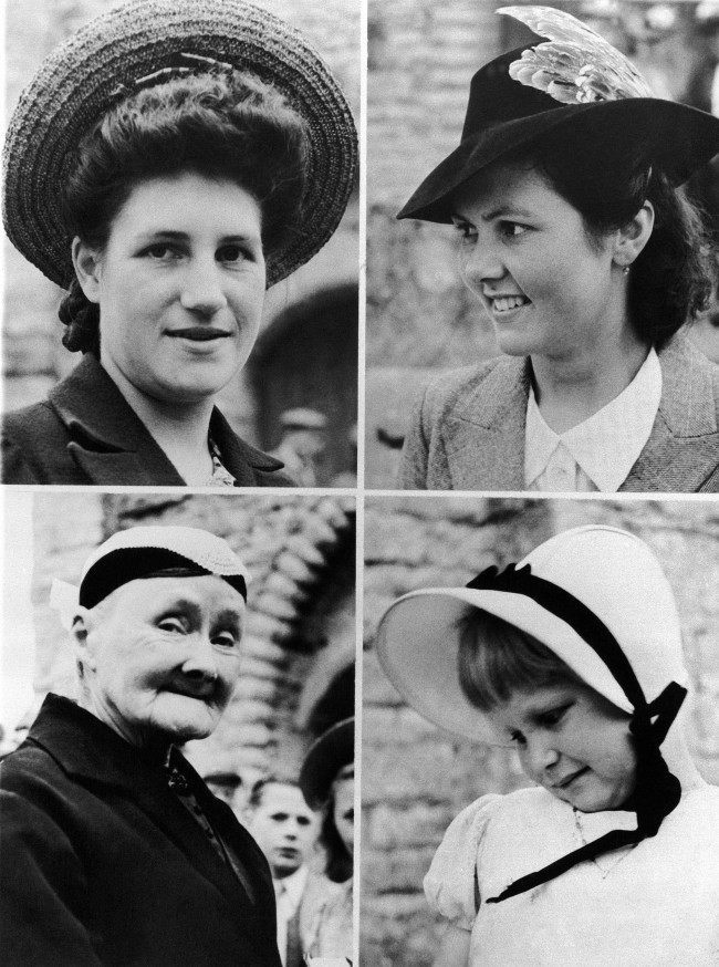 War or no war, milady makes it a point to look her best in Normandy. These were among the hat styles in evidence when women of the war-torn town of Vouilly in France on July 22, 1944, turned out for church services. (AP Photo)