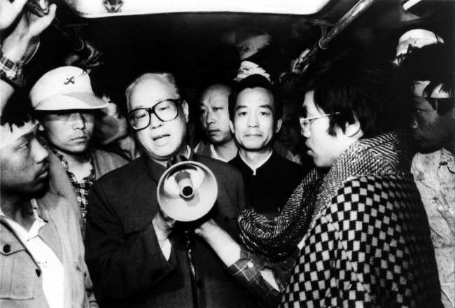 Communist Party General Secretary Zhao Ziyang speaks with fasting university students in Beijing's Tiananmen Square to urge them to call off their hunger strike. The strike is in its sixth day. 