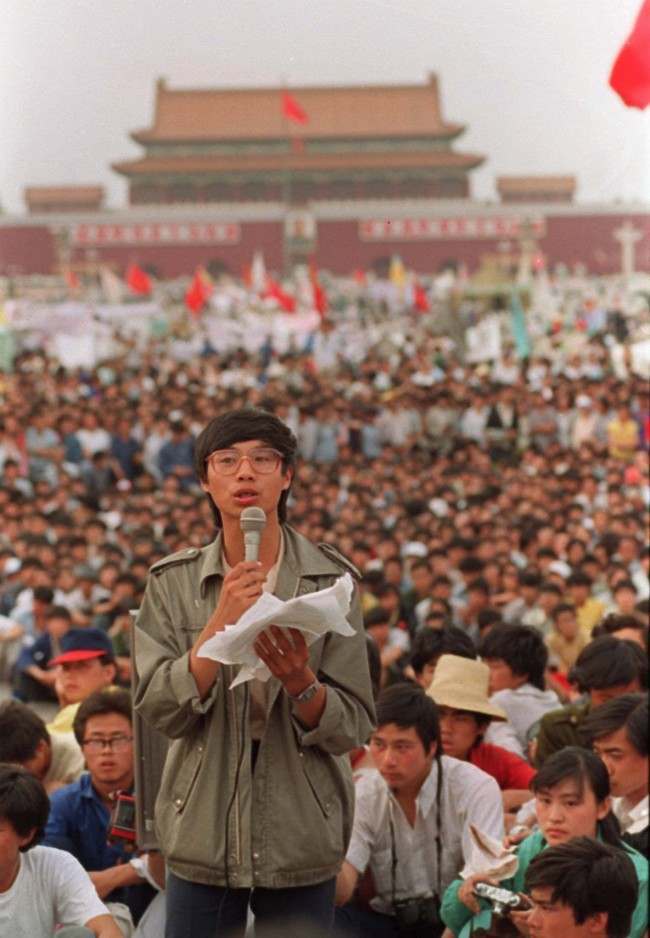 This is a May 27, 1989 photo of student leader Wang Dan in Tiananmen Square Beijing calling for a city wide march. (AP Photo/Mark Avery)