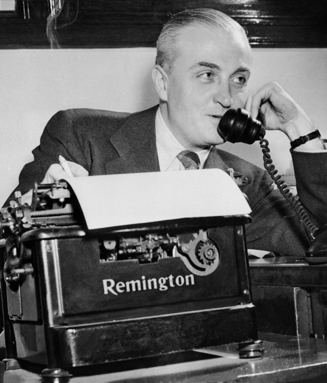 James Marlow, Washington Associated Press staffer workds at his desk, Jan. 18, 1946. (AP Photo/Byron Rollins) Ref #: PA.11318264  Date: 18/01/1946