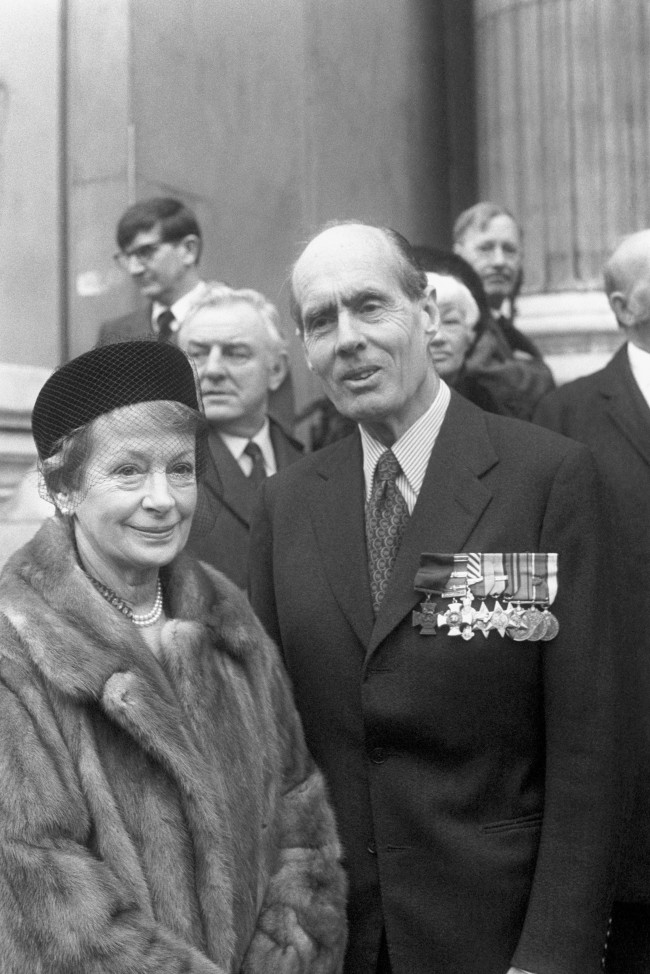 Arriving at St Paul's Cathedral in London to attend a service of Thanksgiving for the life of Sir Barnes Wallis, inventor of the bouncing bomb used by the Dam Busters in the Second World War, are Eve Gibson, wife of the late Wing Commander Guy Gibson, leader of the Dam Busters 617 squadron and former ace wartime bomber pilot Group Captain Leonard Cheshire. Archive-pa191631-2 Ref #: PA.16474138  Date: 27/02/1980