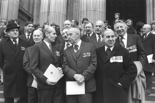 Leaving St Paul's Cathedral in London after a service of Thanksgiving for the Life of Sir Barnes Wallis, inventor of the bouncing bomb used by the Dambusters squadron during the Second World War, are former ace wartime bomber pilot Group Captain Leonard Cheshire (foreground, left) and Air Vice Marshal Don Bennett (centre), who led the Pathfinder Force, with other members of the Pathfinder Association. Archive-pa191631-3 Ref #: PA.16474224  Date: 27/02/1980