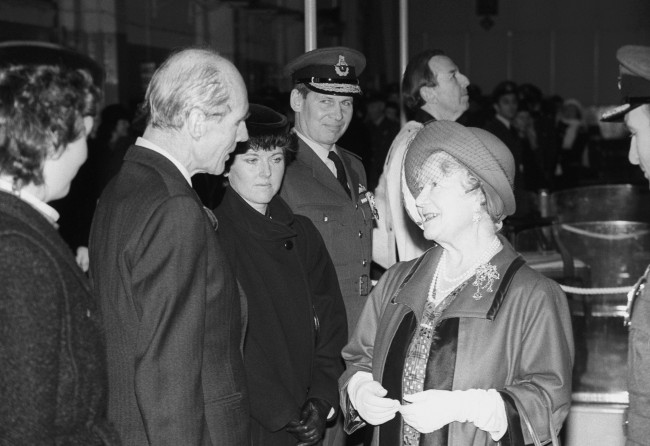 The Queen Mother chats to wing Commander Leonard Cheshire, a former commanding officer of 617 Squadron, the 'Dambusters', during a ceremony at RAF Marham to present the squadron's new Standard. Archive-pa226169-2 Ref #: PA.16482238  Date: 13/01/1988 