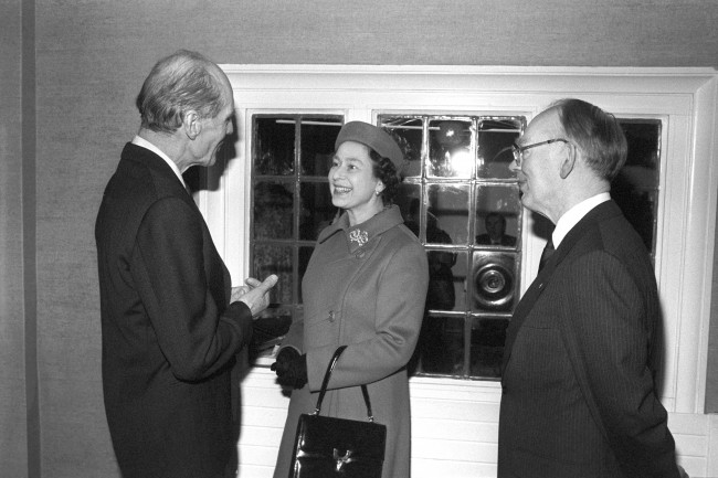 The Queen, talking to Group captain Leonard Cheshire, VC, at the Arnold House Cheshire Home in Enfield, when she opened a new wing at the home for disabled people. Ref #: PA.18807766  Date: 09/02/1983