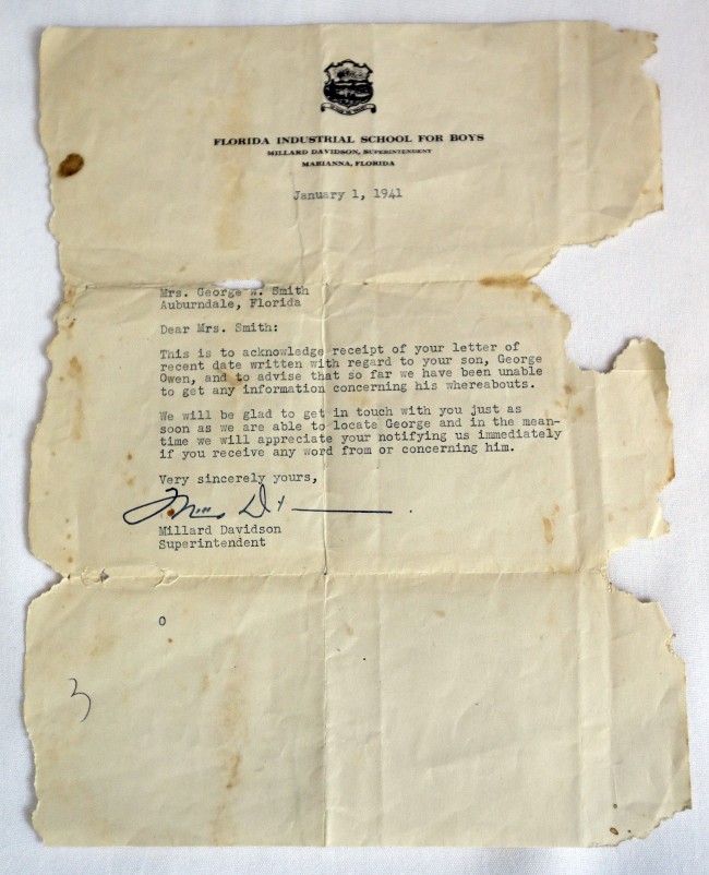 A Jan. 1, 1941 letter from the Florida Industrial School for Boys superintendent Millard Davidson sent to George Owen Smith's mother